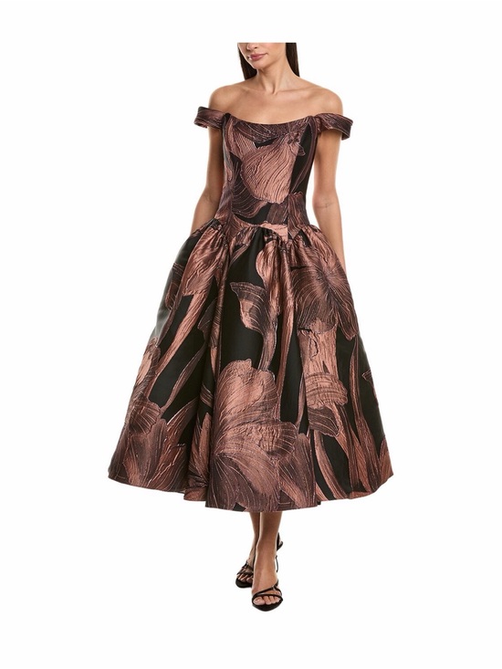 Amsale Dresses & Skirts - Off-Shoulder Black and Rose Gold Floral Midi Dress